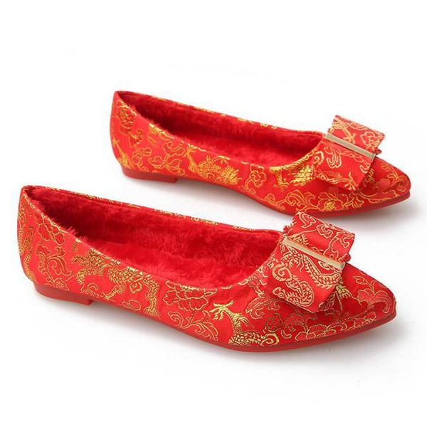 

large size women's wedding cloth shoes pointed toe lady ballet flats casual bow low heel slip on flats red shoes zapatos mujer, Black