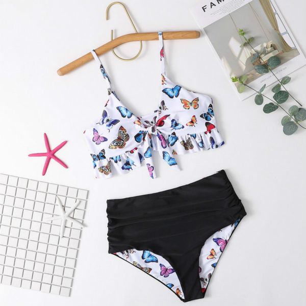

2020 fashion women's swimwear summer bikini swimsuit double-sided sling butterfly print split bikini swimsuit size s-xl, White;black