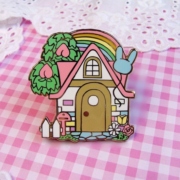 

pastel animal crossings dream house enamel pin video game kawaii new horizon rainbow peach flowers medal gamer pink acnl brooch, Gray