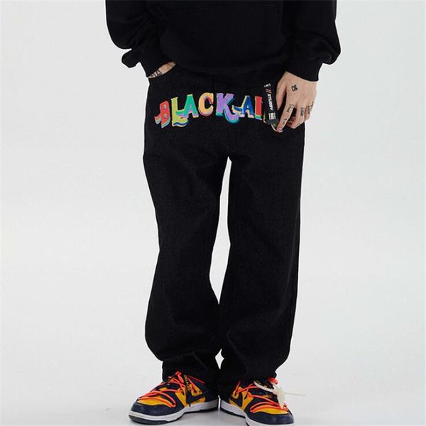 

2020 men and women hip hop high street trend hip hop retro color print loose straight jeans, Blue