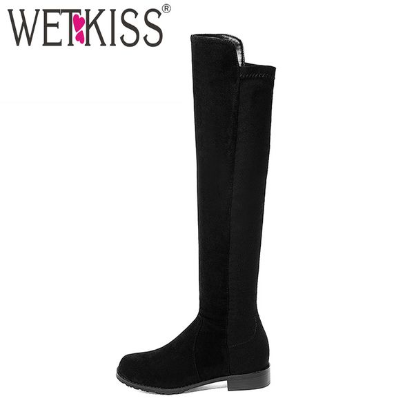 

wetkiss 2020 lady knee high boot stretch woman riding boot low sqaure heel women shoe autumn winter booty big size, Black