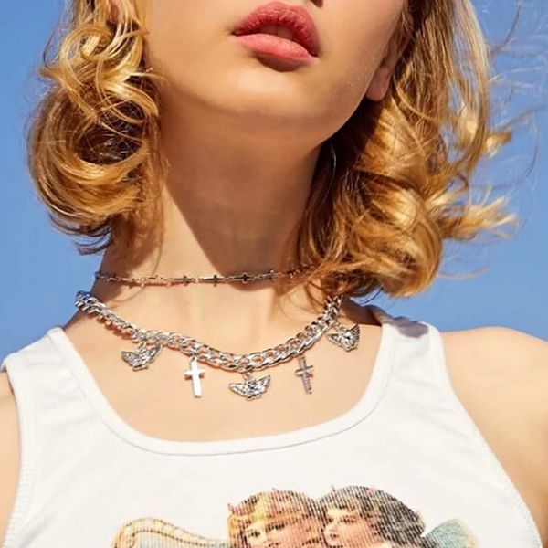 

punk многослойного снаряженной майами кубинского ожерелье воротник себе angel крест ожерелье xl162 для женщин ювелирных изделий, Silver