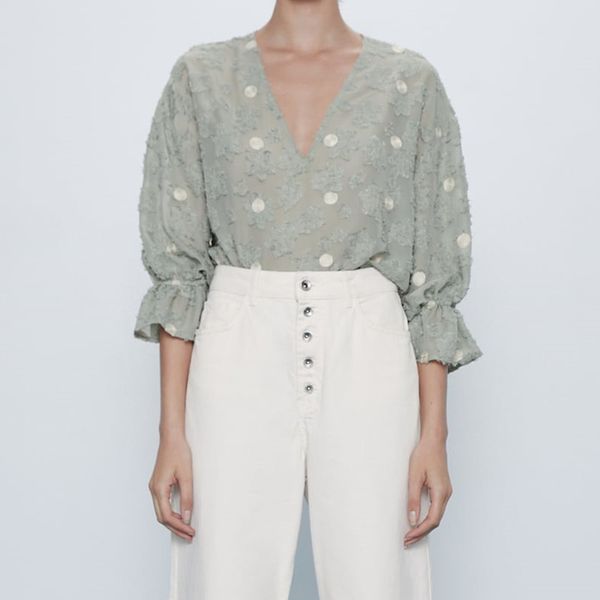 

semi-sheer summer shirt women 2020 v-neck ruffled elastic cuffs female polka dot blouse elegant textured weave shirts, White