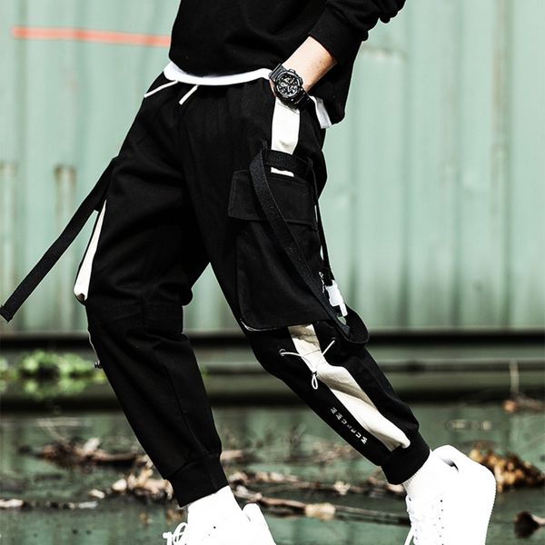 

heflashor streetwear pockets 2020 men's jogger pants hip hop sweatpants joggers trousers tactical mens pants cargo harem, Black