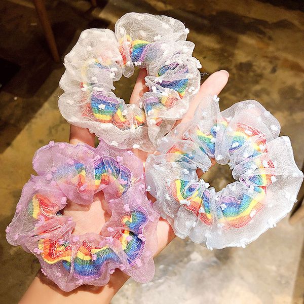 

hair accessories women girls sweet colorful rainbow chiffon scrunchie ponytail holder beautiful rubber band headband fashion