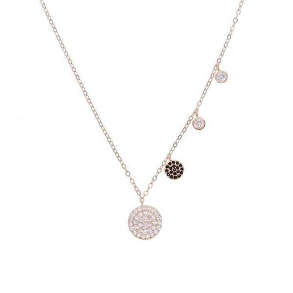 

real 925 silver multi disc charm paved with white black cz round pendant necklace with tiny chain paved for lady new necklace