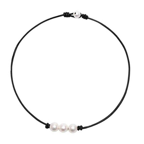 

chokers three pearl leather rope necklace short style fashion jewelry simple women, Golden;silver