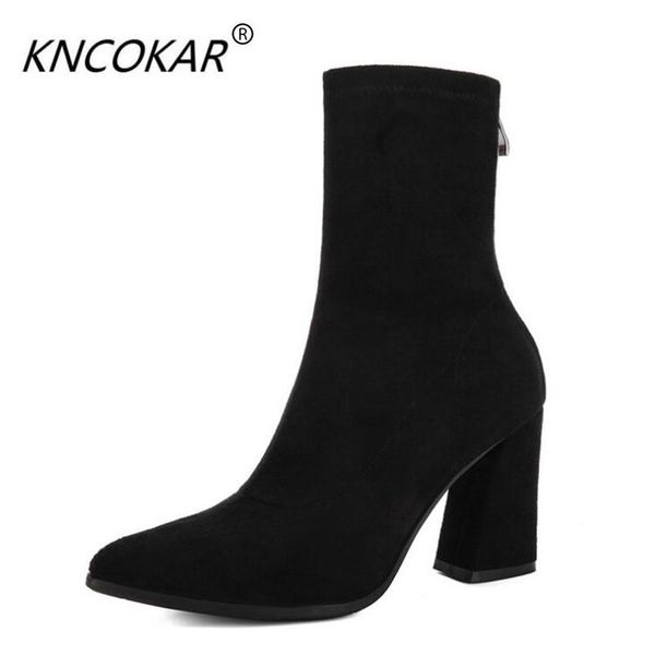 

kncokar 2020 autumn and winter new high-end quality female boots, thick with 8.5 cm high heels and pointed boots, Black