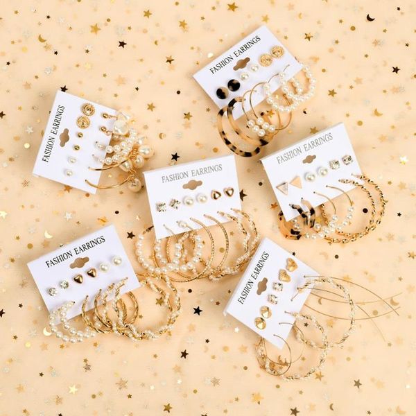 

6pairs/set girls leopard acrylic earrings set spiral twisted pearl circle hoop earrings for women statement fashion jewelry, Golden;silver