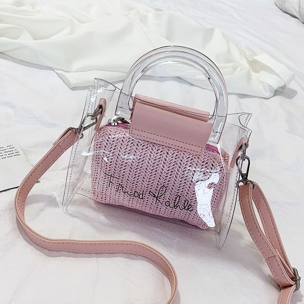

ladies pu leather shoulder belt straw beach bag mini transparent tote bags for women female handbag bohemian composite bag