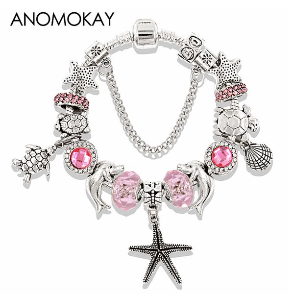 

2020 romantic pink crystal ocean animal charm bracelet silver color starfish turtle shell bead bracelet femme diy jewelry gift, Golden;silver