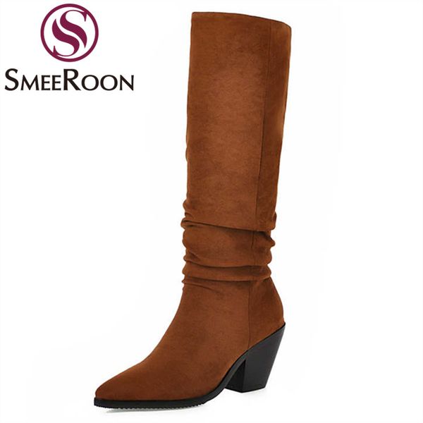

boots smeeroon plus size 34-46 knee high women pointed toe autumn winter shoes vintage ladies western, Black