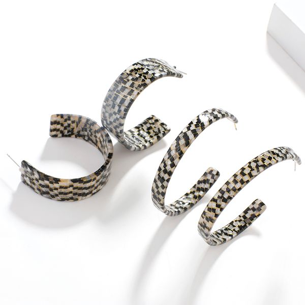 

aensoa 70s vintage mosaic plaid acrylic big hoop earrings minimalist circle earrings for women girls jewelry, Golden;silver