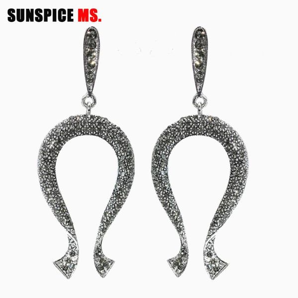 

sunspicems gray rhinestones long drop earring for women antique silver color fashion wedding jewelry punk girl party school gift