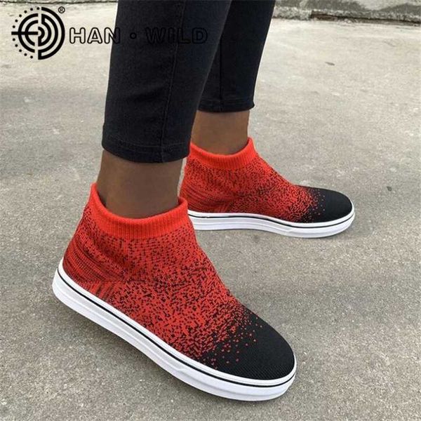 

stretch knit women platform ankle boots casual shoes women slip-on flat boots ladies breathable autumn sneakers, Black
