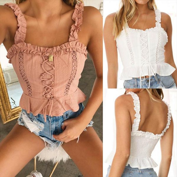 

fashion women new design bow ruffle sleeveless bandage crop cami vest tank camisole casual solid skinny summer holiday wear, White