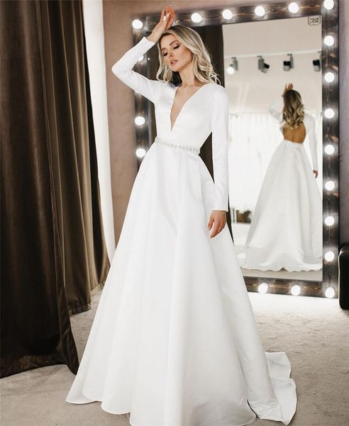 

vintage simple long sleeves wedding dresses with beaded belt open back robe de mariee customized a-line bridal gown plus size 2021, White