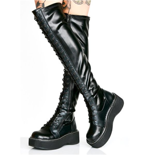 

siddons black leather women thigh high knight boots round toe cross-tied ladies platform wedges shoes woman over the knee boots