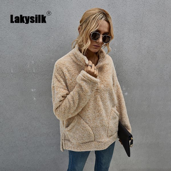 

2020 winter flannel hoodies female turn-down collar long sleeve pockets pullovers warm thick autumn new casual women sweatshirts 0916, Black