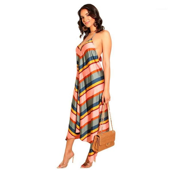 

v-neck spaghetti strap long maxi dresses women beach holiday summer dress striped, Black;gray