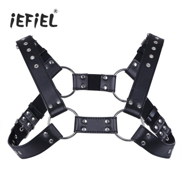 

iefiel men lingerie faux leather adjustable body chest harness bondage costume with buckles for men's clothing accessories, Black;brown