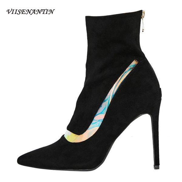 

european style stiletto high heels fashion back zipper pointed bling decor black flock short boots women elastic ankle boots