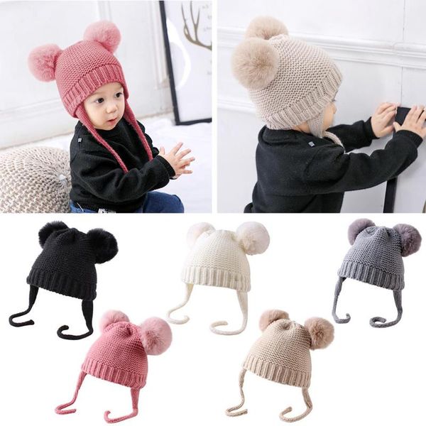 

baby cap kid bobble knit hat for girls boys children winter double pompom bonnet recommended usage age 6-36 month babies, Yellow