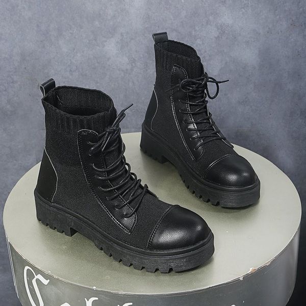 

women's boots autumn fashion british style round toe woman socks boots women winter thicken non-slip leather shoes, Black