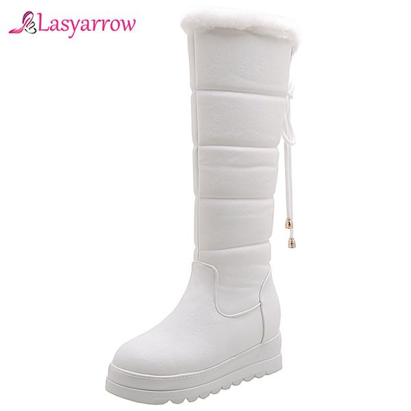 

lasyarrow winter boots women warm knee high boots round toe height increasing ladies fashion non-slip snow boot waterproof, Black