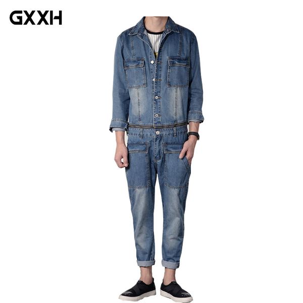 

hong kong tide men's denim suit japanese retro washing tooling locomotive onesies men's denim jacket suit overalls xxl, Blue