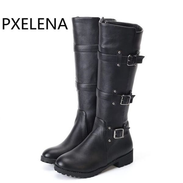 

pxelena retro rome riding knight knee high boots women round toe square low heels motorcycle long boots ladies shoes, Black