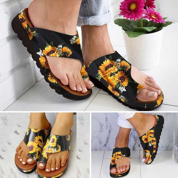 

women pu shoes comfy platform flat sole ladies casual sunflower soft big toe foot correction sandal orthopedic bunion corrector, Black