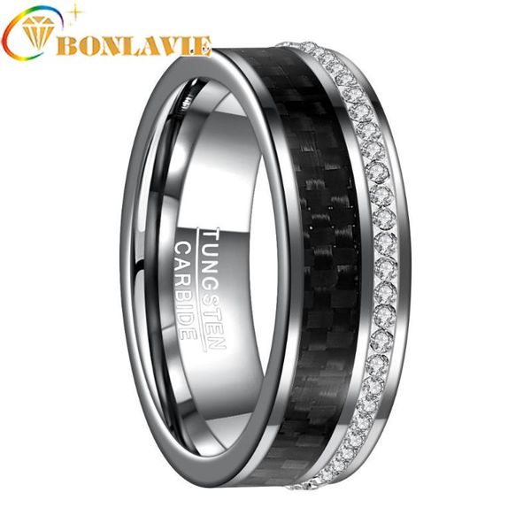 

wedding rings bonlavie 8mm wide steel color polished plane beveled inlaid black carbon fiber white crystal tungsten ring men jewelry, Slivery;golden