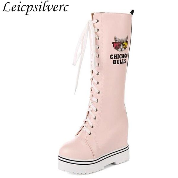 

осенью и зимой увеличились прекрасные розовые высокие толстые нижние плоские ботинки зашнуровать в цилиндровых обуви высоких студентов, Black