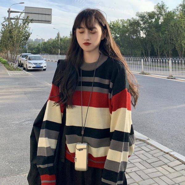 

female korean harajuku striped lazy wind loose sweater women's sweaters japanese kawaii ulzzang cute clothing for women, White;black