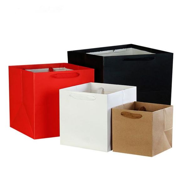 

100pcs/lot 4 colors square fruit flowers packaging paper bag with handle square bottom kraft paper bag gift 4 size sn3060