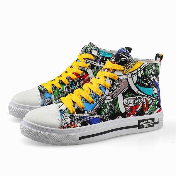 

2020 summer fashion men casual shoes graffiti canvas sneakers couple shoes outdoor board lace up, Black