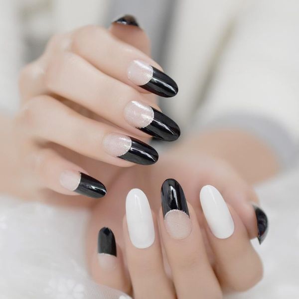 

false nails long oval black white fake sparkling shiny full cover designed tips elegant unique nail art, Red;gold
