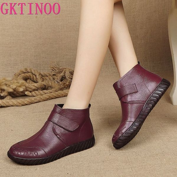 

gktinoo vintage handmade genuine leather women ankle boots casual snow boots winter ladies flat shoes zip rubber botines mujer, Black