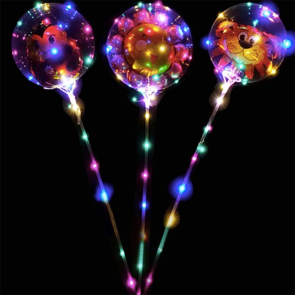

24 inches helium transparent led balloon flashing bobo balloon with stickers cartoon balloon feathers glitters for festival decoration