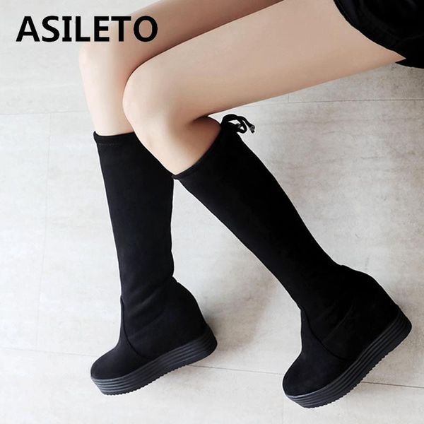 

asileto knee high boots women boots platform high heels shoes woman shoes autumn winter bota botas footwer d475, Black