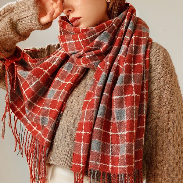 

women vintage plaid imitation cashmerescarf 2020 autumn winter shawl for women keep warm long scarf, Blue;gray