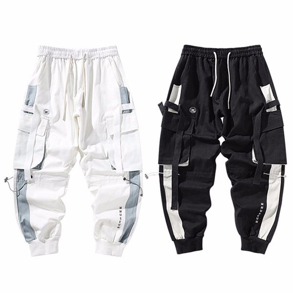

men fashion ribbons color block black pocket cargo pants harem joggers harajuku sweatpant hip hop trousers sweatpants