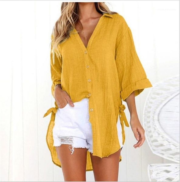 

designer womens long sleeve shirt fashion irregular hem button v neck casual shirt ladies autumn, White