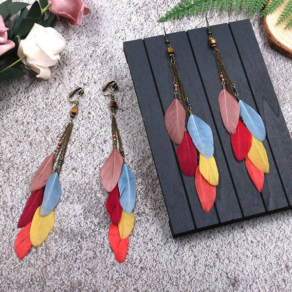 

korean temperament bohemian long chain tassel feather fairy earrings, Silver
