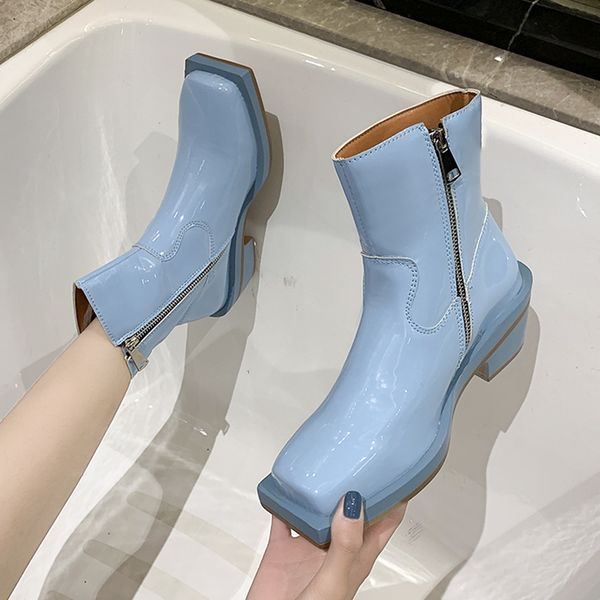 

rimocy fashion square toe high heels ankle boots for women 2020 new blue leather platform woman shoes black ladies zipper shoes