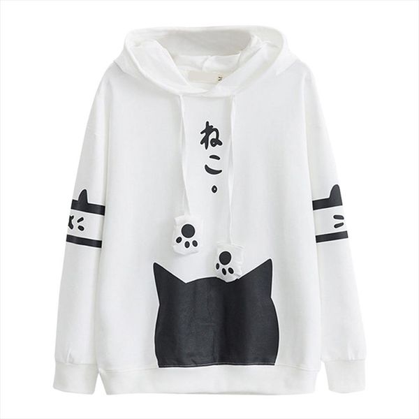 

sweatshirts women 2020 casual long sleeve kitty cat print pocket thin hoodie japanese letter japan style hoodie yl5, Black