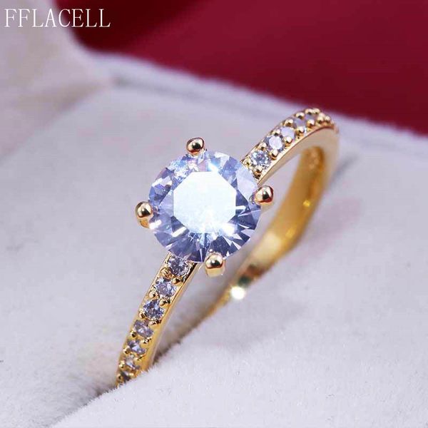 

wedding rings fflacell fashion simple golden four-claw set round zircon ring female party engagement jewelry gift, Slivery;golden