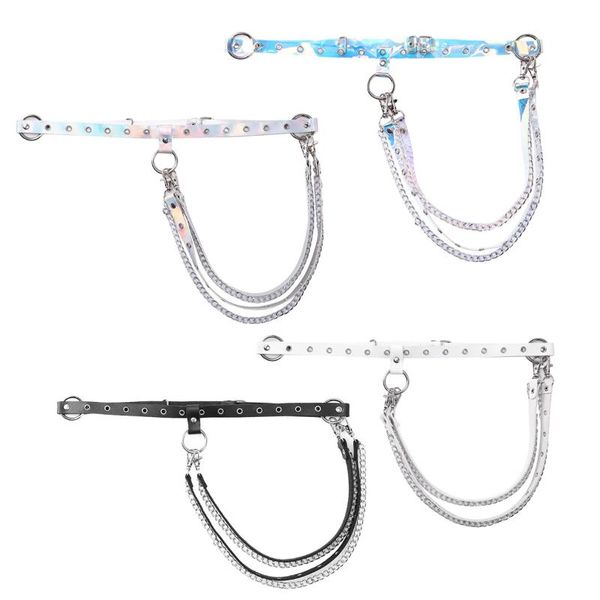 

fashion women's shiny holographic color punk gothic rave accessories faux leather body waist harness belt with chain tassel, Black;brown