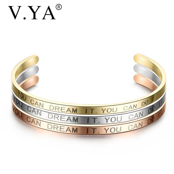 

v.ya inspirational quotes "you can dream it,you can do it"open cuff bracelets rose gold stainless steel bangles for women&men, Black